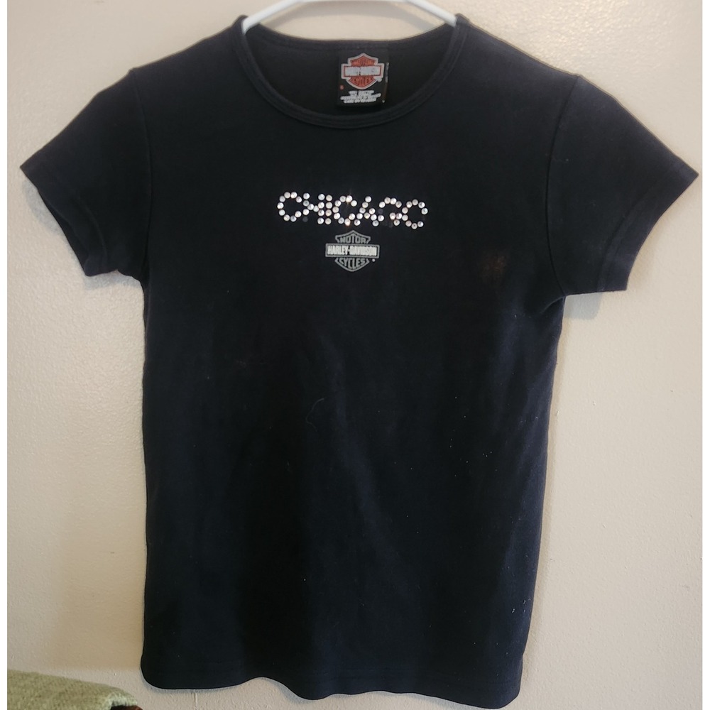 Y2k Baby Tee‎ Harley-Davidson Chicago Size Small Rhinestones Black Short Sleeve